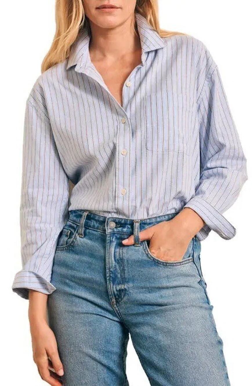 Faherty Organic Cotton Blend Oxford Button Up Shirt Blue Stripe Size Small NWOT